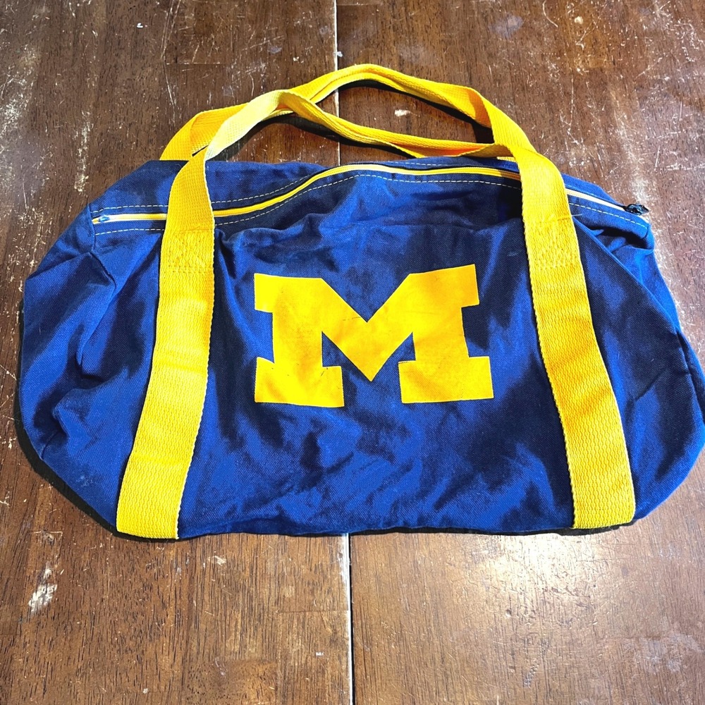 Vintage Michigan Wolverines Small Duffel Bag Blue Yellow Canvas Block M Gym Bag